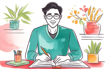 young smiling Asian man writes a book, does a project, draws, writes in a notebook, conducts his own video blog, concept of freelancing work at home.