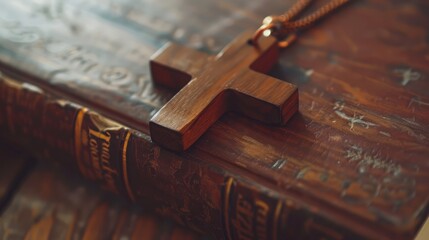 Closeup of simple wooden Christian cross necklace on Bible , vintage tone , god - obrazy, fototapety, plakaty