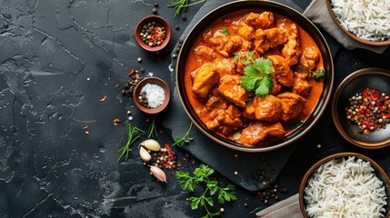 Chicken meat with tikka masala sauce, spicy curry food in a bowl with rice and seasonings, top view - obrazy, fototapety, plakaty