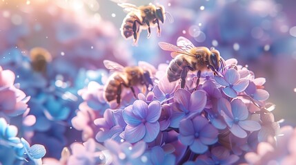 Honey bees collecting nectar from a beautiful purple flower in a vibrant garden on a sunny day - obrazy, fototapety, plakaty