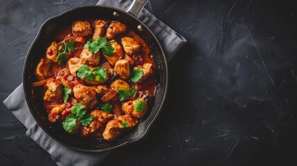Frying pan with delicious chicken tikka masala on napkin - Powered by Adobe