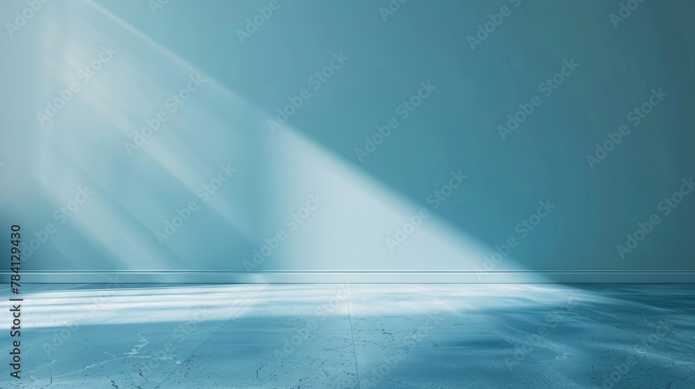 Poster light blue empty wall and smooth floor with interesting light glare. background for the presentation