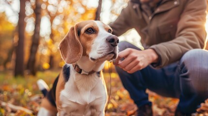 Man petting his dog friend. Beagle dog enjoying communication with his owner during outdoor walking - obrazy, fototapety, plakaty