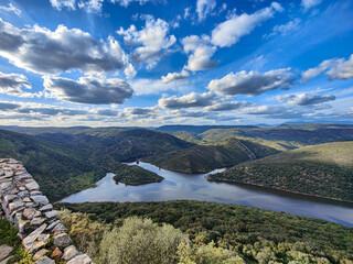 Monfrague National Park mountain nature landscape. Tagus river seen from the castle and a beautiful cloudscape. Extremadura, Spain