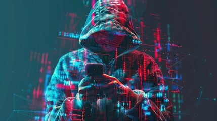 Phishing, cyber security, online information breach or identity theft crime concept. Hacked phone. Hacker and cellphone with hologram data. Mobile scam, fraud or crime. Cybersecurity infringement.