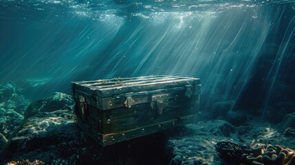 photo of treasure chest submerged underwater with light rays - obrazy, fototapety, plakaty