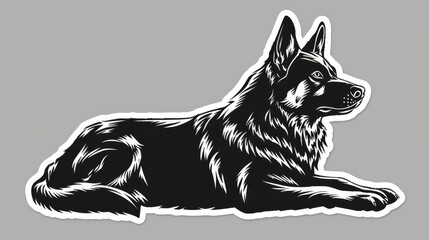 A black and white illustration of a German Shepherd dog in a lying down position. - obrazy, fototapety, plakaty