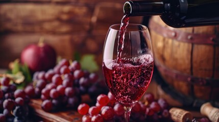 Pouring red wine into the glass against rustic background. Pour alcohol, winery concept.