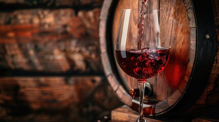 Pouring red wine into the glass against rustic background. Pour alcohol, winery concept. - obrazy, fototapety, plakaty