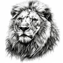 A black and white sketch of a lion's head, with a majestic expression and detailed fur.