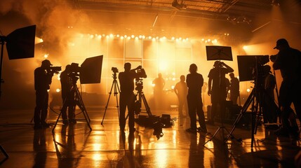 Silhouette images of video production behind the scenes. making of TV commercial movie that film crew team lightman and cameraman working together with film director in studio. film production concept