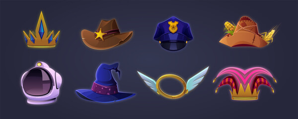 Set of vector hats in cartoon style. Character headdress, 2D game design, RPG, fantasy. Colorful set of isolated caps icons. Queen, sheriff, policeman, scarecrow, astronaut, wizard, angel, jester.