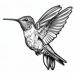 A detailed line drawing of a hummingbird in mid-flight.