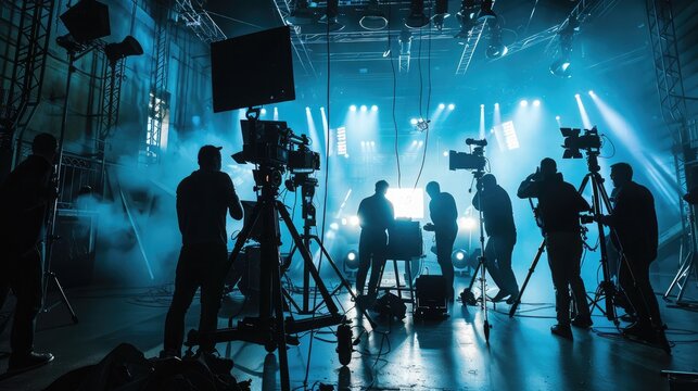 Silhouette images of video production behind the scenes. making of TV commercial movie that film crew team lightman and cameraman working together with film director in studio. film production concept