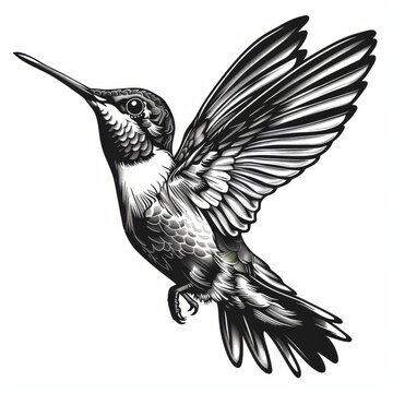 A detailed black and white drawing of a hummingbird.
