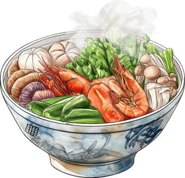 Watercolor of shrimp and fresh vegetables soup in a bowl isolated.