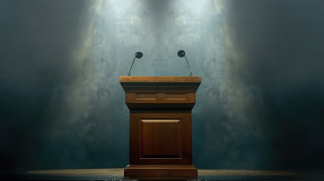 wooden speech podium with three small microphones attached on a dark background spotlit