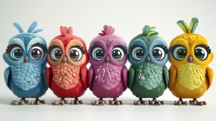 Obraz premium A row of five brightly colored cartoon birds