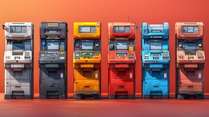 A row of retrofuturistic vending machines against a red background