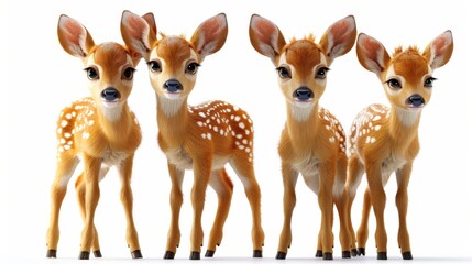 Four cute baby deer with big eyes and soft fur