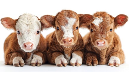 Fototapeta premium Three cute calves in a row on a white background