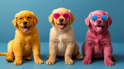 Three golden retriever puppies wearing sunglasses