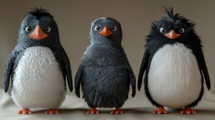 Three cute penguins in a row looking at the camera