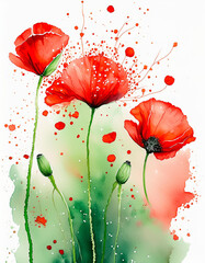 Vibrant watercolor of red poppies with dynamic splashes, evoking a lively, artistic spring vibe. - 784130496
