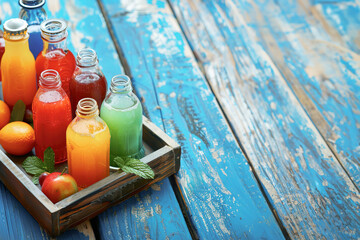 High angle view of a tray of fresh fruit juice in glass bottles and jugs on a blue wooden table....