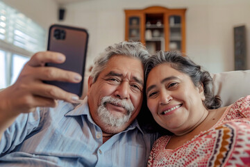 Fototapeta premium Cheerful mature Latin American couple relaxing on the couch while using smartphone together