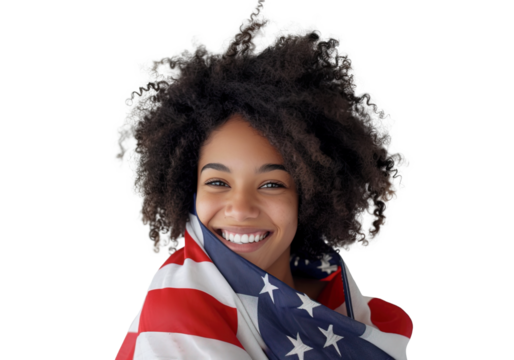 African American woman wrapped in American USA flag over isolated transparent background - Powered by Adobe