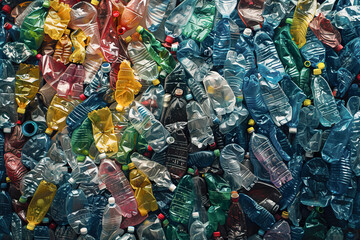 Top view background of heap of discarded plastic bottles. Recycling, zero waste and sustainability concept - obrazy, fototapety, plakaty