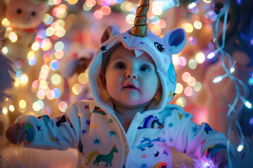 Baby wearing a unicorn onesie, surrounded by magical fairy lights.