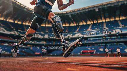 Close up of disabled professional runner with prosthetic legs running in stadium