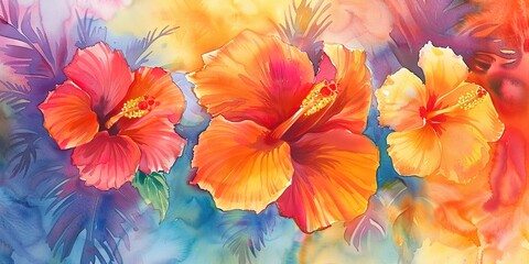 Watercolor, tropical flowers banner, lush colors, sunset, wide angle, vibrant texture. 