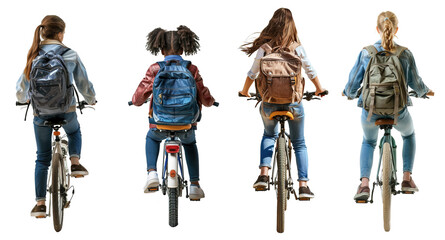Back view of school girls of different ethnicities and ages riding a bike to go to school over isolated transparent background