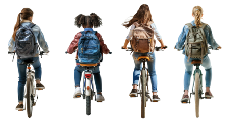 Back view of school girls of different ethnicities and ages riding a bike to go to school over isolated transparent background
