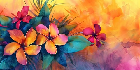 Watercolor, tropical flowers banner, lush colors, sunset, wide angle, vibrant texture. 
