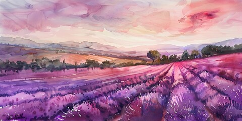Banner, watercolor lavender fields, serene purples, dusk light, panoramic sweep. 