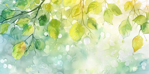 Watercolor, newborn leaves, translucent greens, sunlit, morning dew drops, wide banner. 