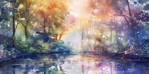 Spring rain, watercolor banner, rainbow through mist, puddle reflections, twilight, wide view.