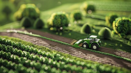 A 3D rendered farm scene features green farmland with crops and a tractor isolated on a piece of land, illustrating smart farming and modern agricultural techniques - obrazy, fototapety, plakaty