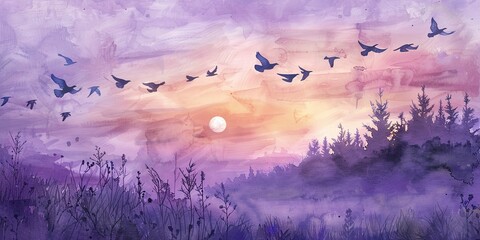 Watercolor bird migration, spring sky backdrop, pastel banner, flight at dusk, wide scene.
