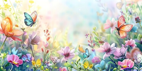 Spring garden, watercolor banner, blooming flowers and butterflies, noon brilliance, wide layout. 