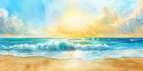 Watercolor banner, sun-kissed beach, azure waves, golden sand, sunset glow, wide panorama.  - obrazy, fototapety, plakaty