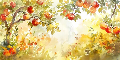 Summer orchard, watercolor, ripe fruits, sunlit leaves, noon light, panoramic banner.  - obrazy, fototapety, plakaty