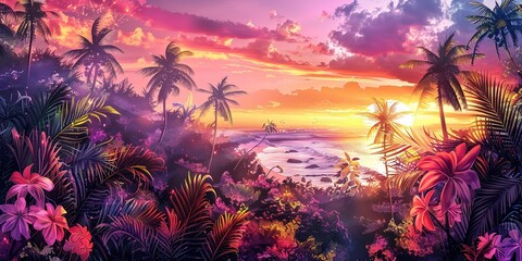 Fototapeta na wymiar Banner, tropical paradise, watercolor, lush palms, vivid flowers, twilight, wide view. 