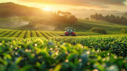 A 5G autonomous tractor works in a tea field, representing future technology with smart agriculture farming concepts in a cutting-edge illustration