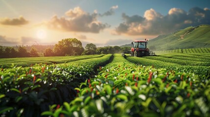 A 5G autonomous tractor works in a tea field, representing future technology with smart agriculture farming concepts in a cutting-edge illustration - obrazy, fototapety, plakaty