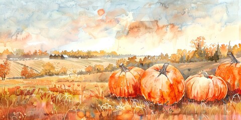 Banner, pumpkin patch, watercolor, harvest hues, soft sunlight, afternoon, panoramic layout.